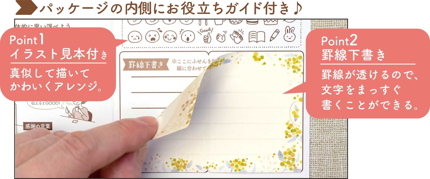 パッケージの内側にお役立ちガイド付き♪イラスト見本や罫線下書きなど