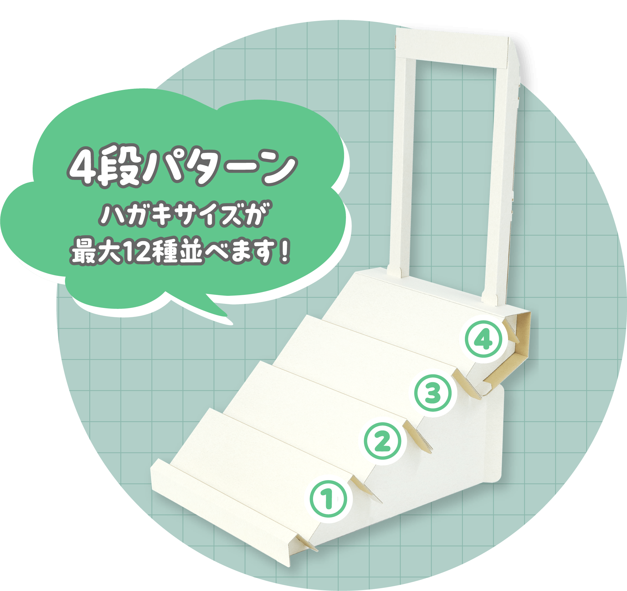 組立式ポスタースタンド付き可変式傾斜棚4段パターン