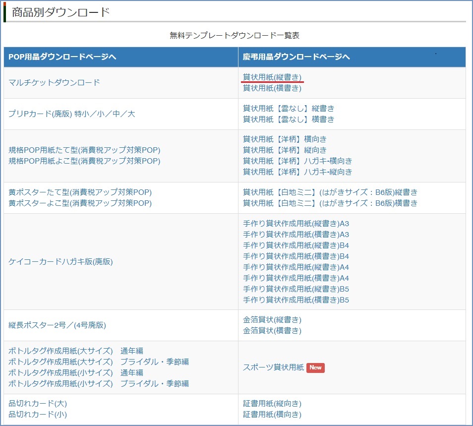 商品別ダウンロードのページ