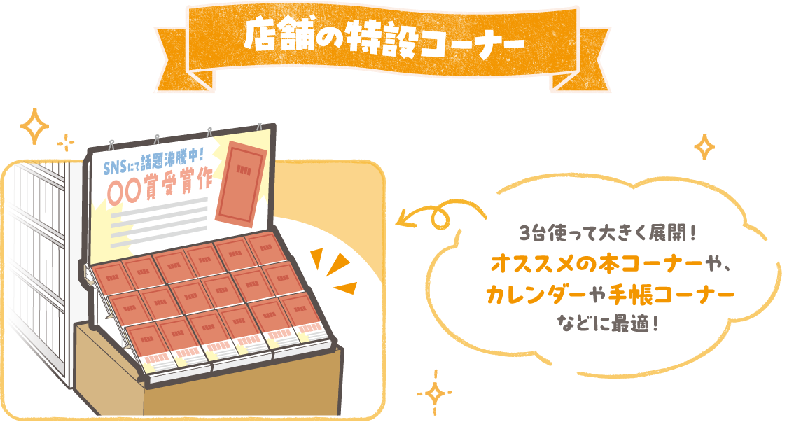 店舗の特設コーナー 3台使って大きく展開！オススメの本コーナーや、カレンダーや手帳コーナーなどに最適！